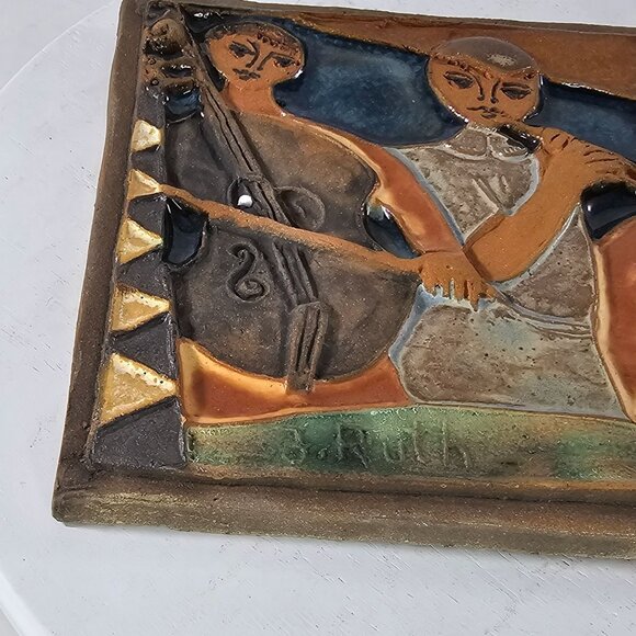 J Ruth Faktor Handmade Ceramic Tile Plaque Musicians Playing Instruments Signed - Picture 6 of 10